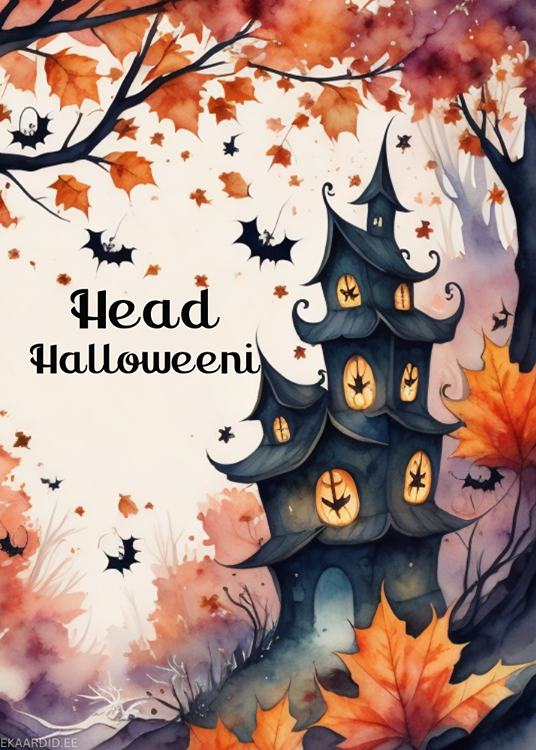 Halloweeni kaart müstilise majaga