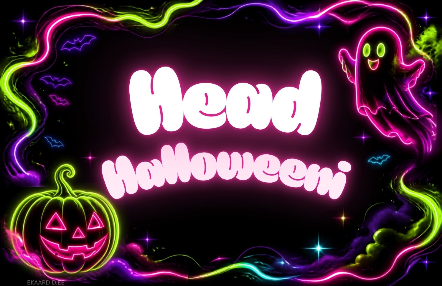 Neoonvärvides kummituse ja kõrvitsaga Halloweeni kaart