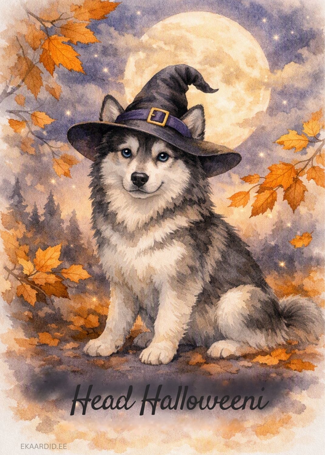 Nõiamütsiga husky Halloweeni tervituskaart