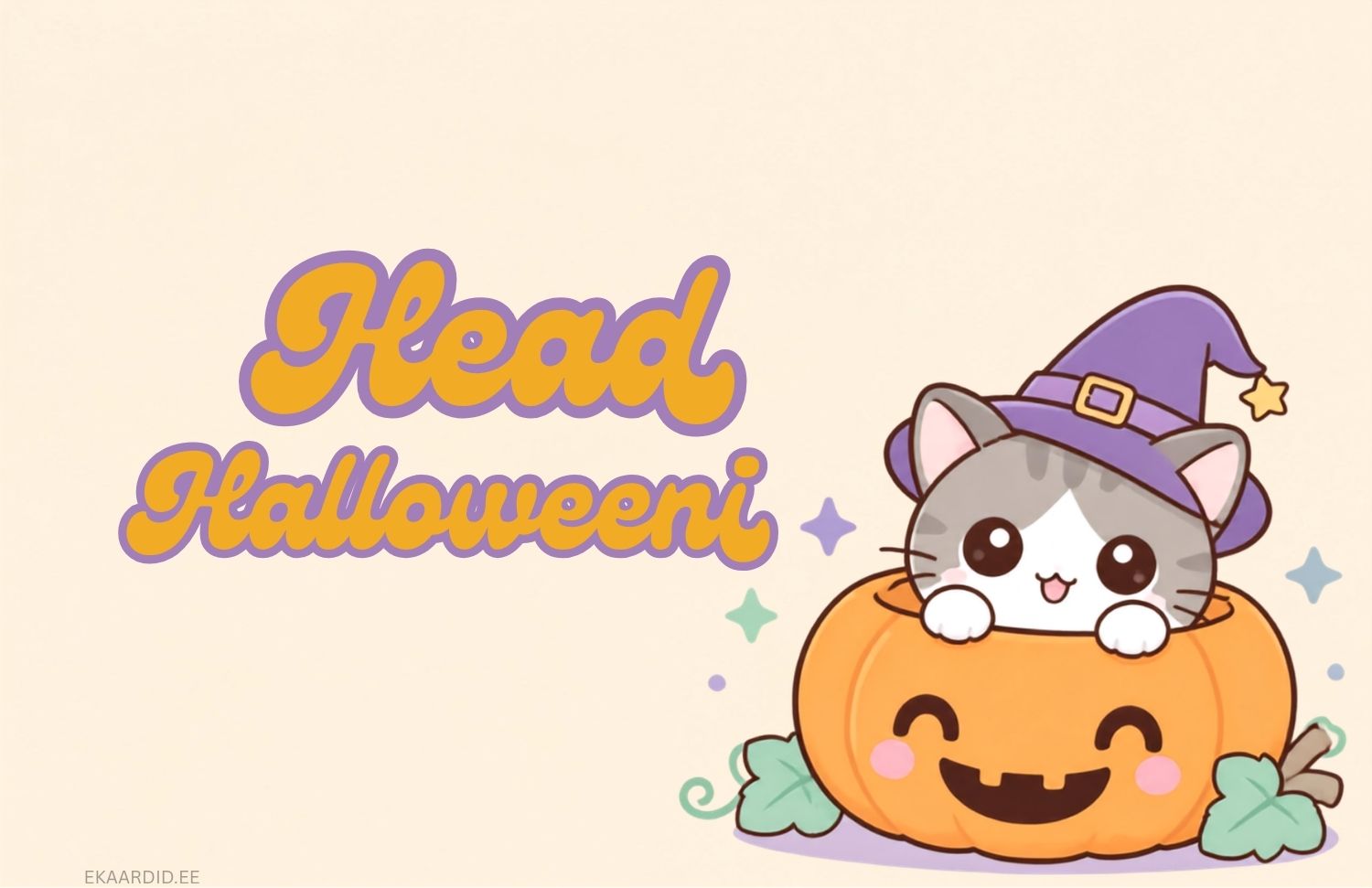 Nõiamütsiga kassipoja Halloweeni kaart