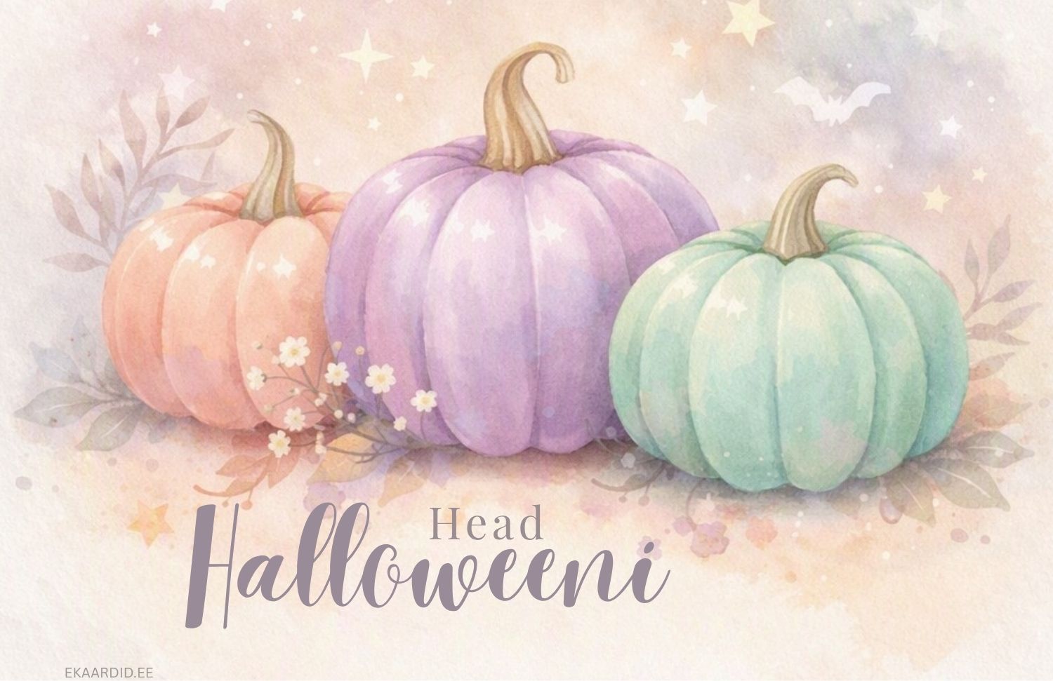 Pastelsetes toonides kõrvitsatega Halloweeni kaart
