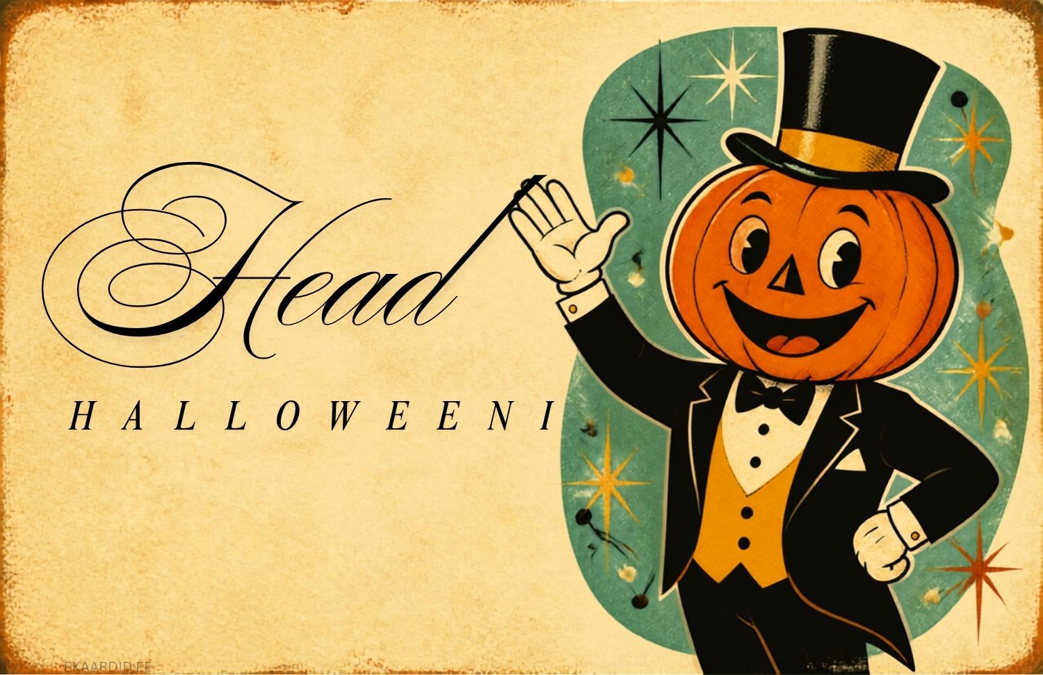 Retro-stiilis kõrvitsamehega Halloweeni kaart
