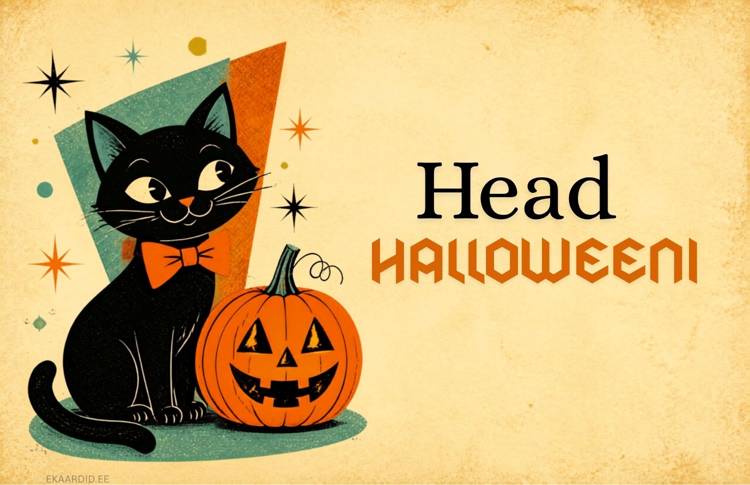 Retro-stiilis musta kassiga Halloweeni kaart