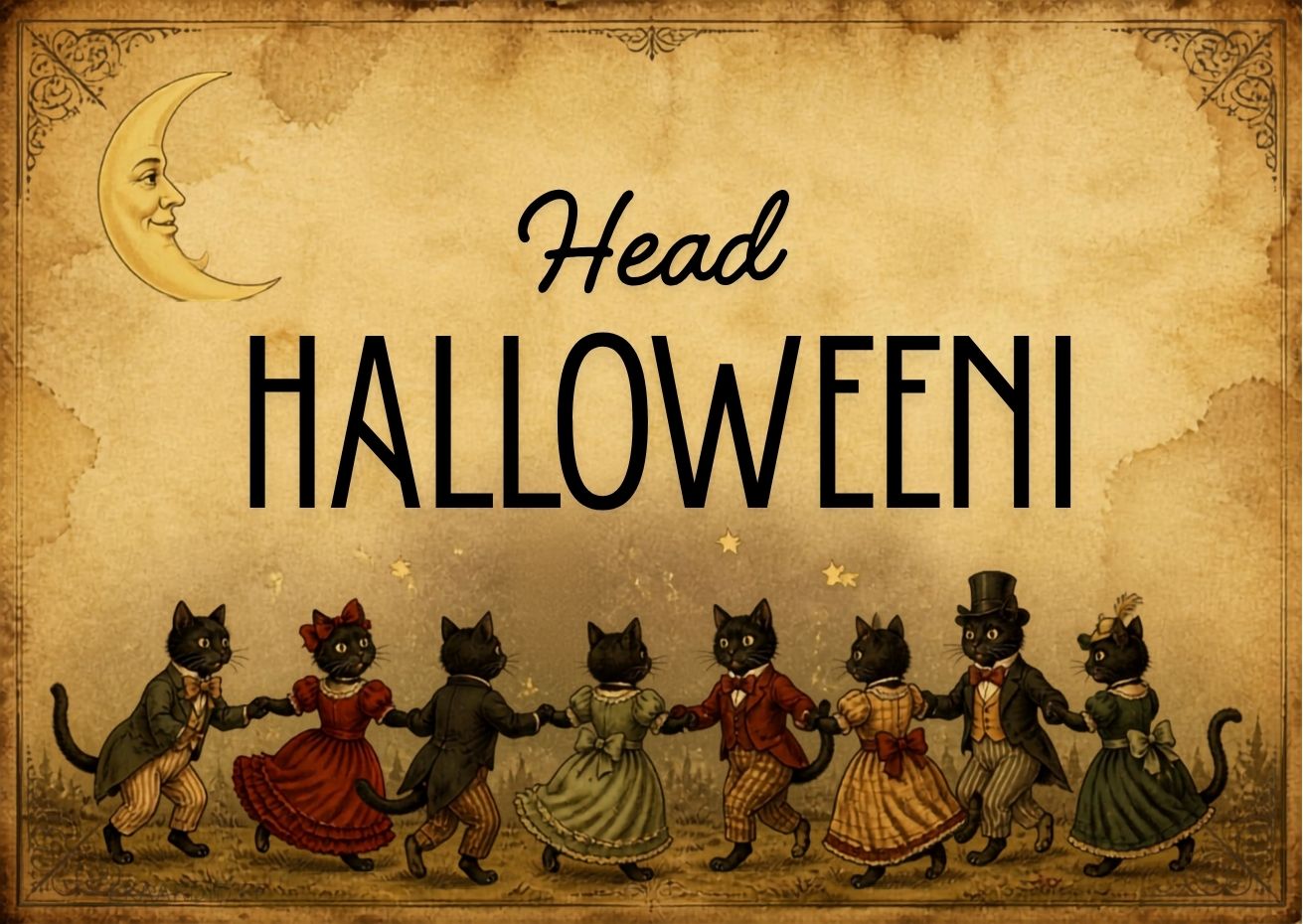 Vintage-stiilis Halloweeni tervituskaart tantsivate kassidega