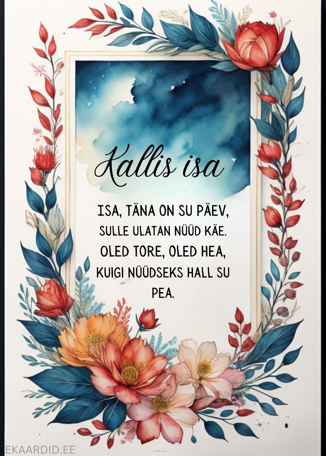Akvarell-stiilis lilledega Isadepäevakaart