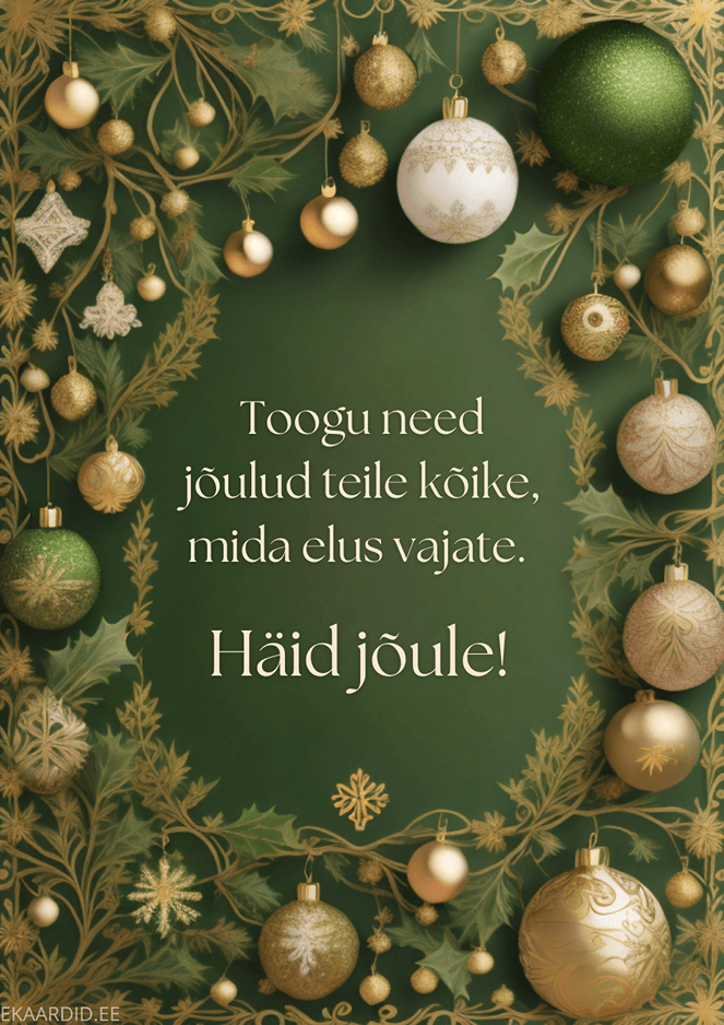 Elegantne jõulukaart kuldsete ja roheliste ehtega