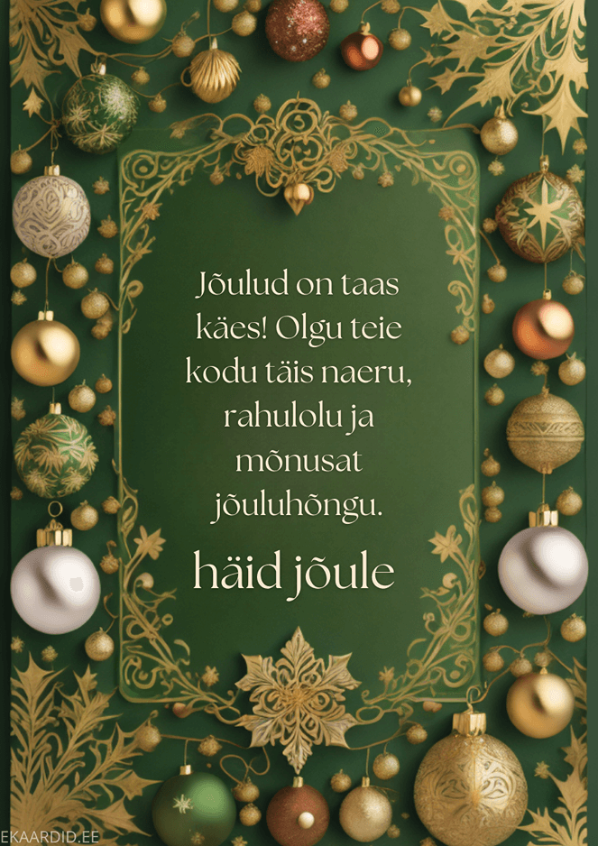 Elegantne jõulukingituse kaart kuldsete kaunistustega