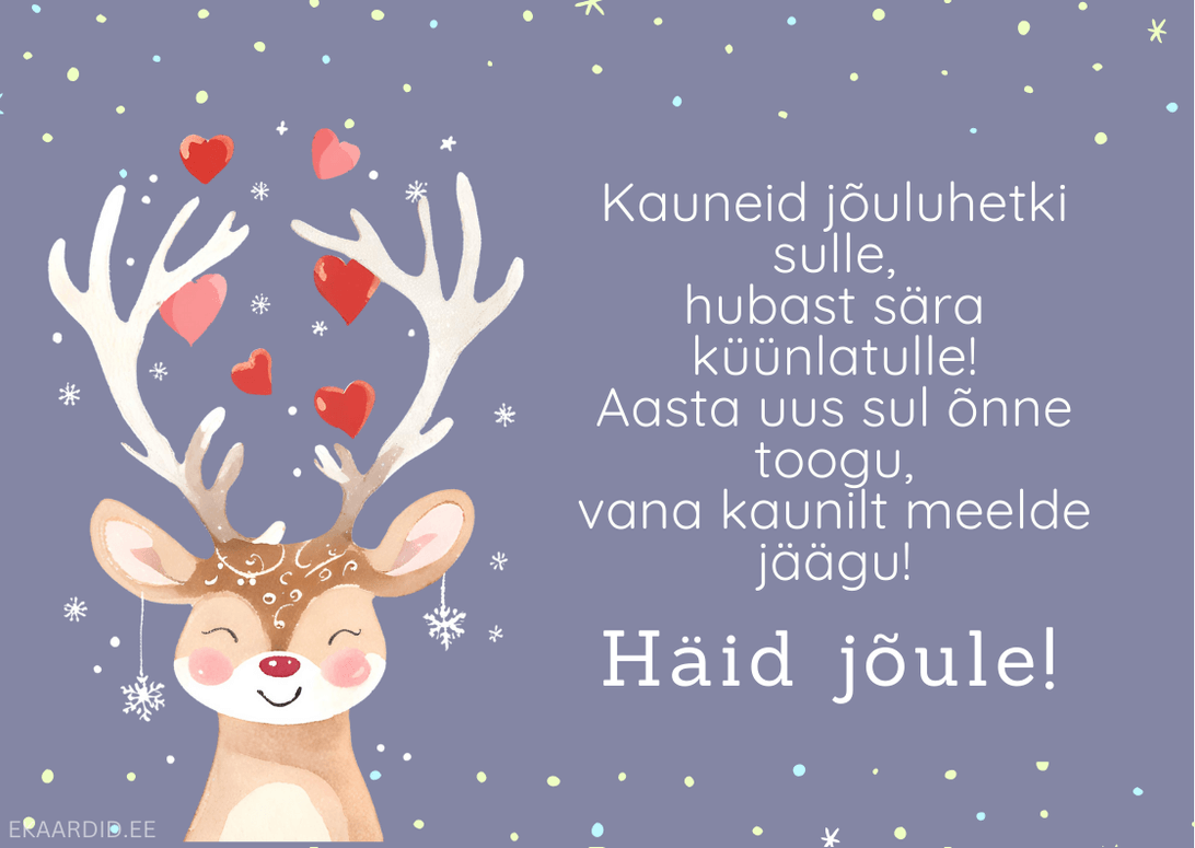 Jõulukaardil armas põhjapõder südametega