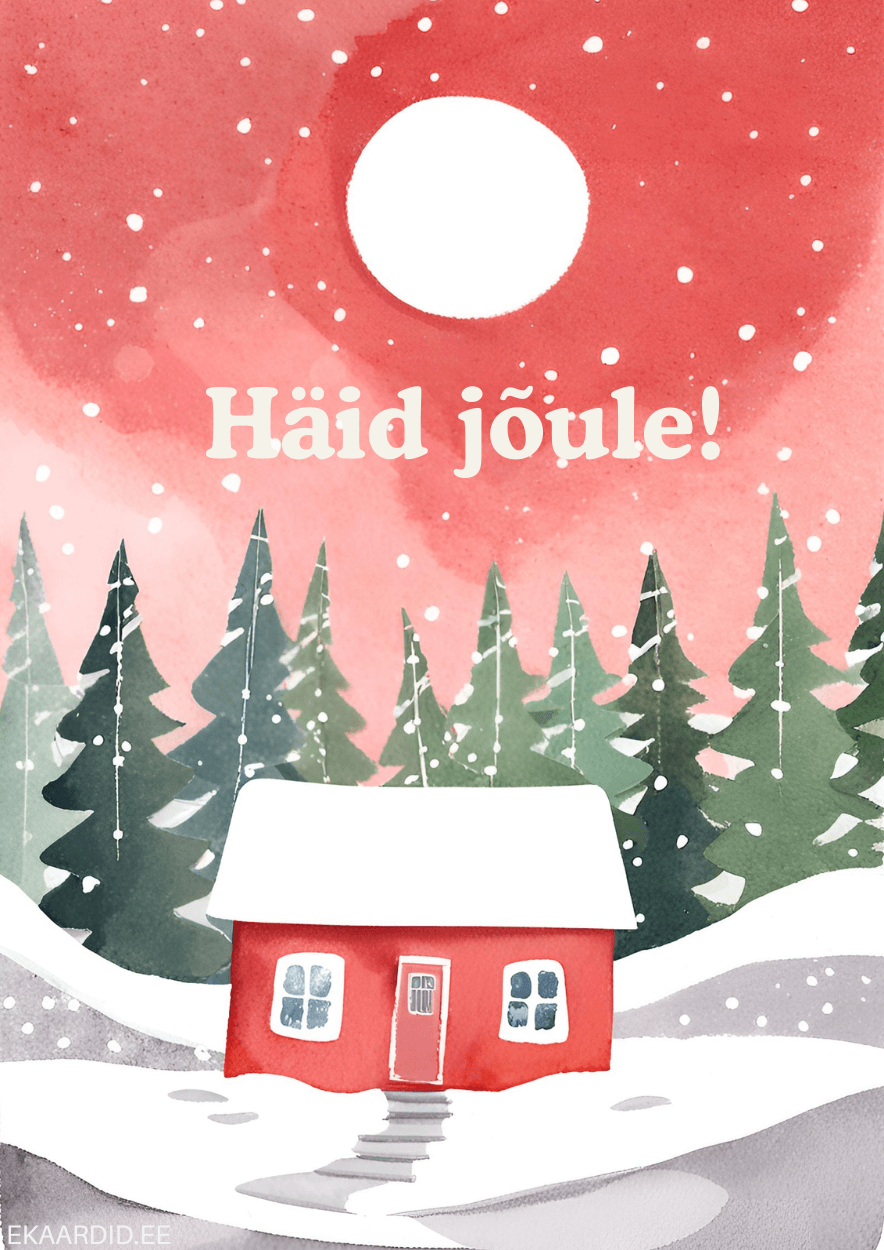 Punane talumaja jõulukaardil
