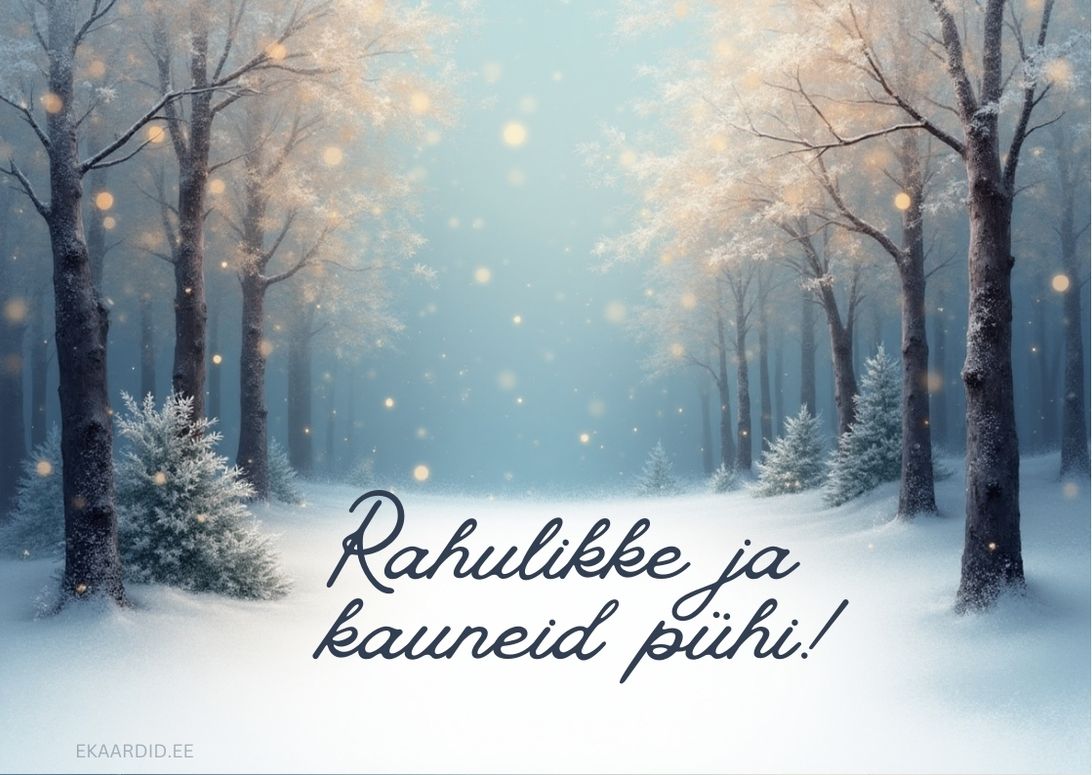 Talvine pühadekaart lumise metsa ja säravate tuledega