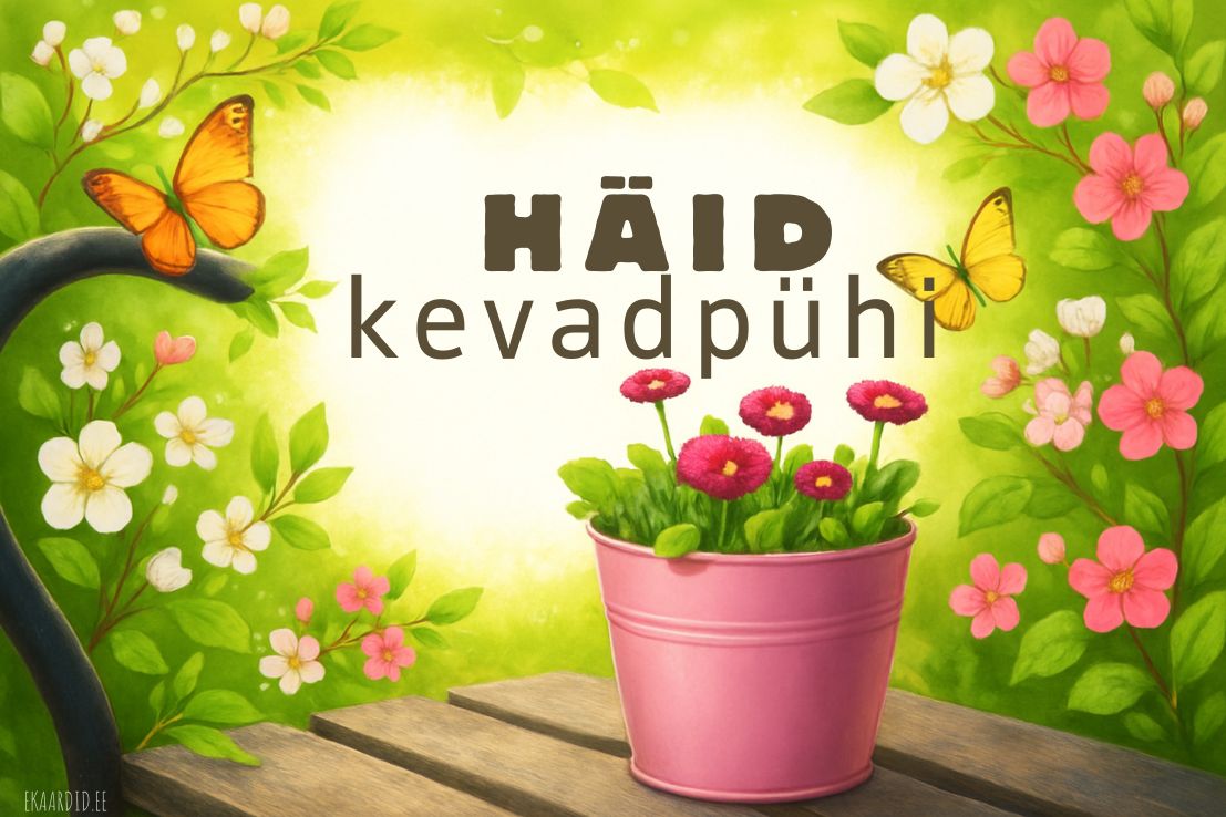 Häid kevadpühi kaart roosade lilledega