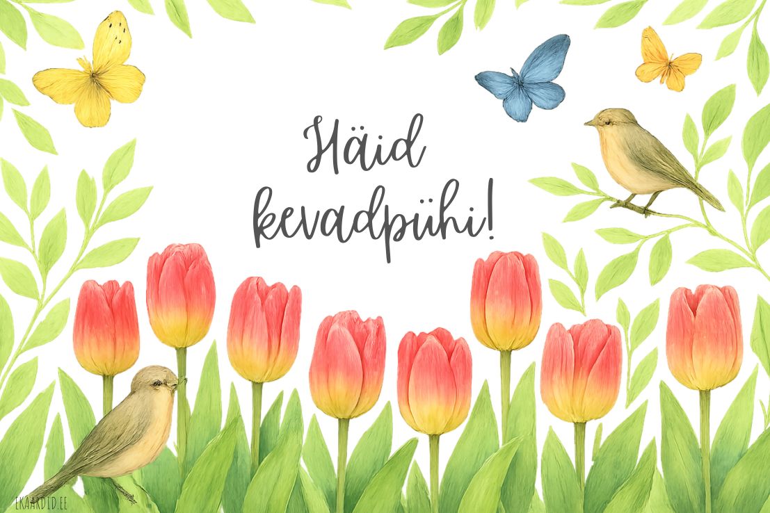 Häid kevadpühi kaart tulbi ja liblikatega