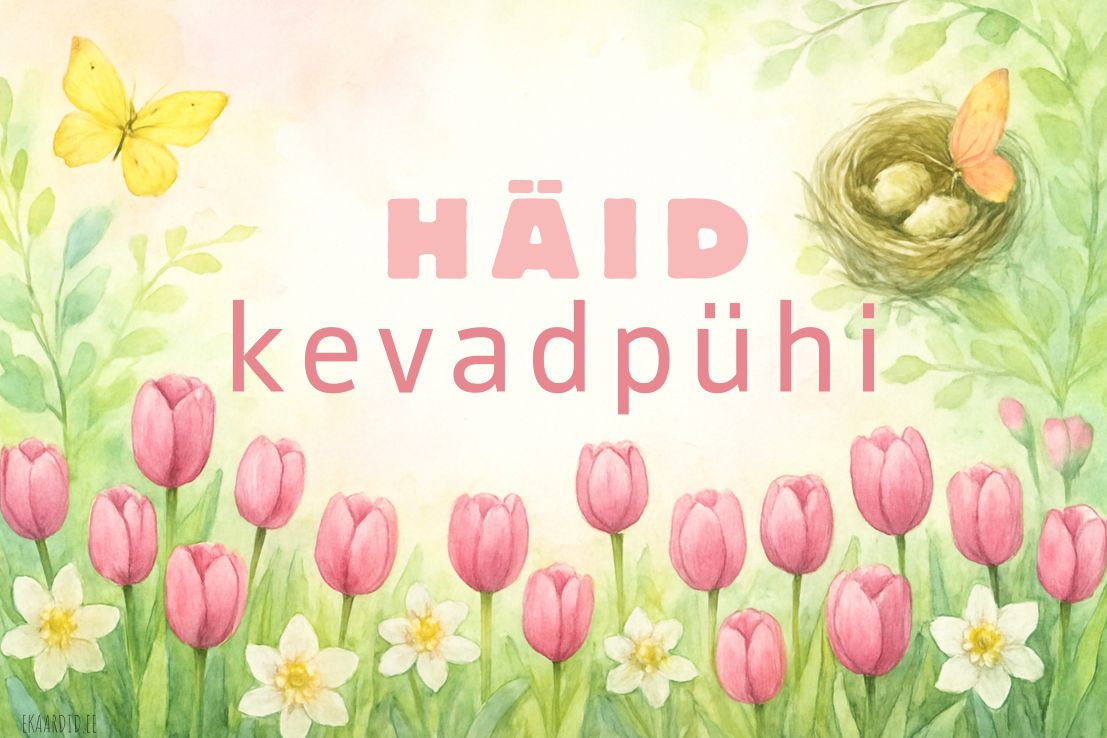 Kevadpühade kaart tulbikeste ja liblikatega