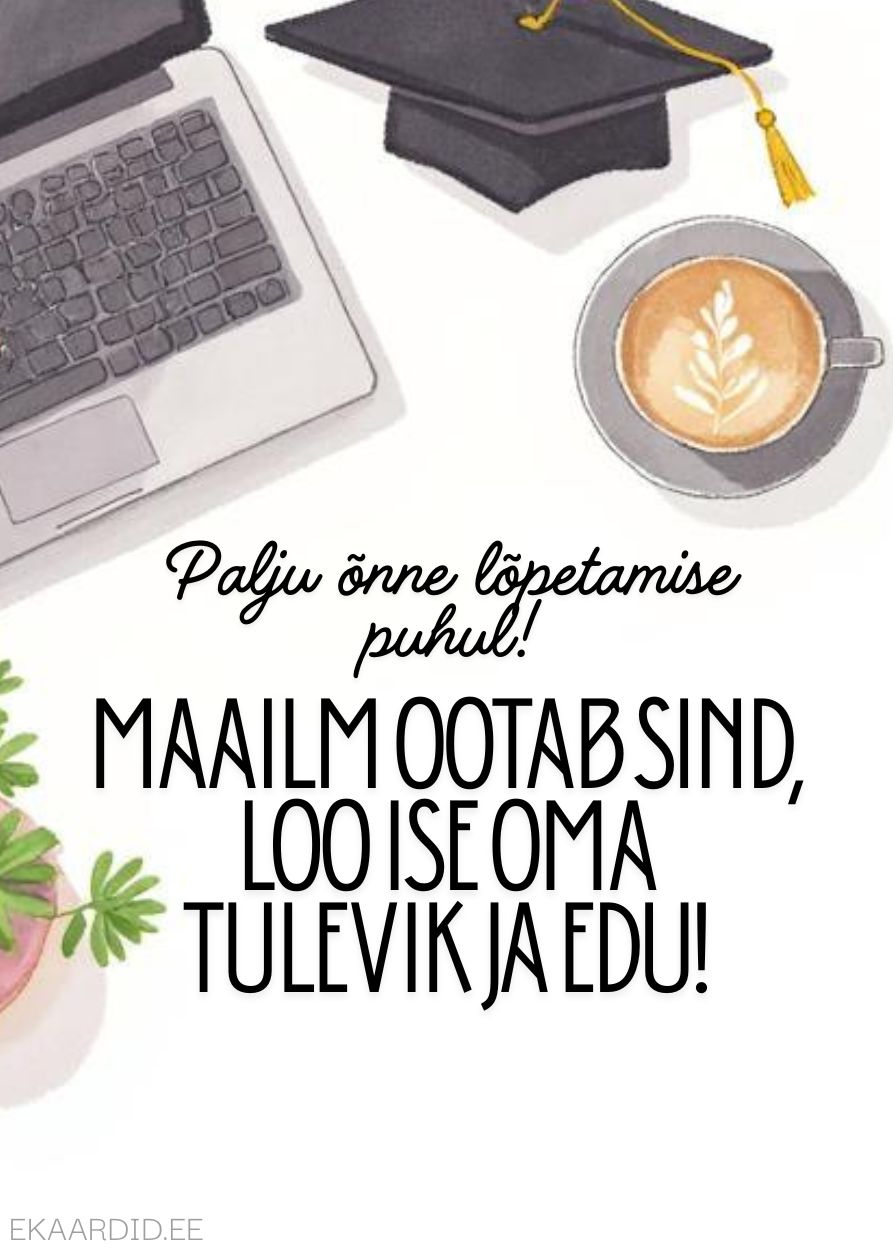 Lõpetamise õnnitluskaart sülearvuti ja lõpetamismütsiga