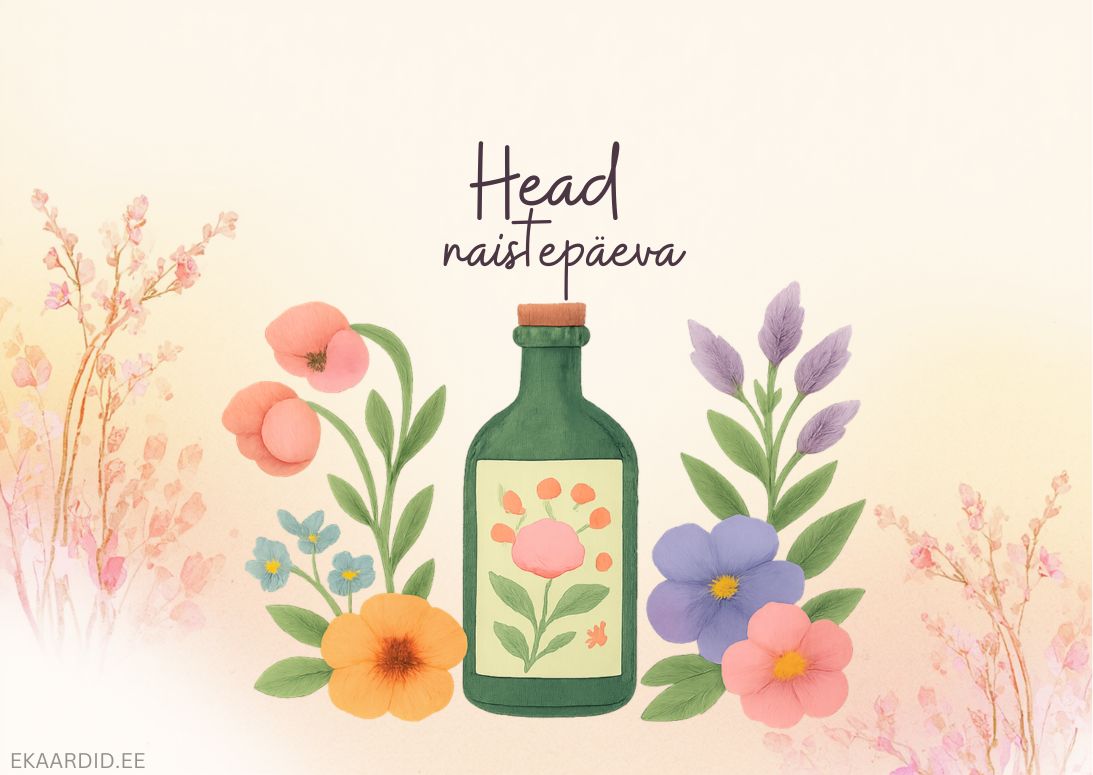 Naistepäevakaart lillede ja pudeliga