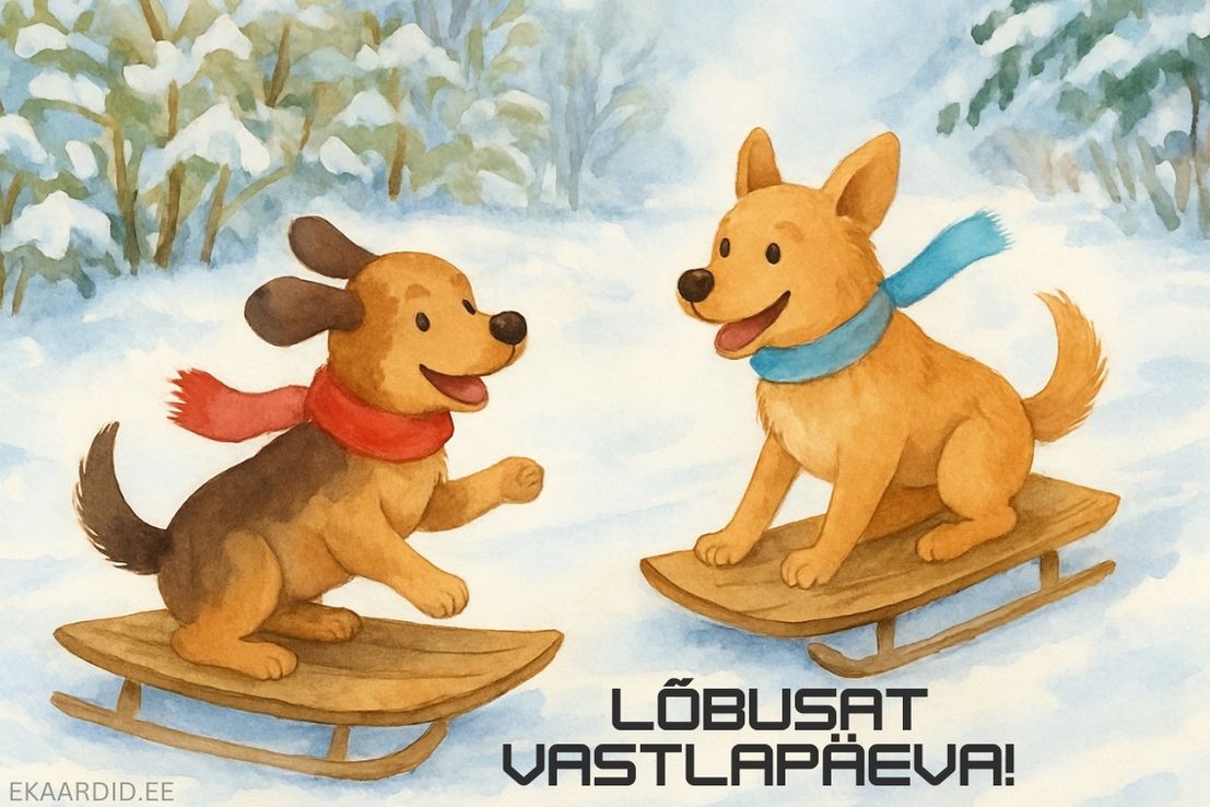 Akvarell-stiilis vastlapäevakaart kelgutavate koertega