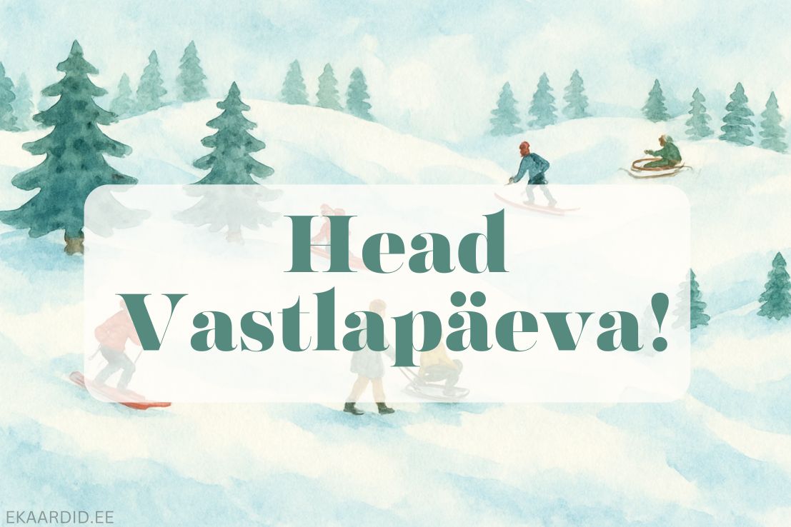 Akvarell-stiilis vastlapäevakaart talverõõmudega