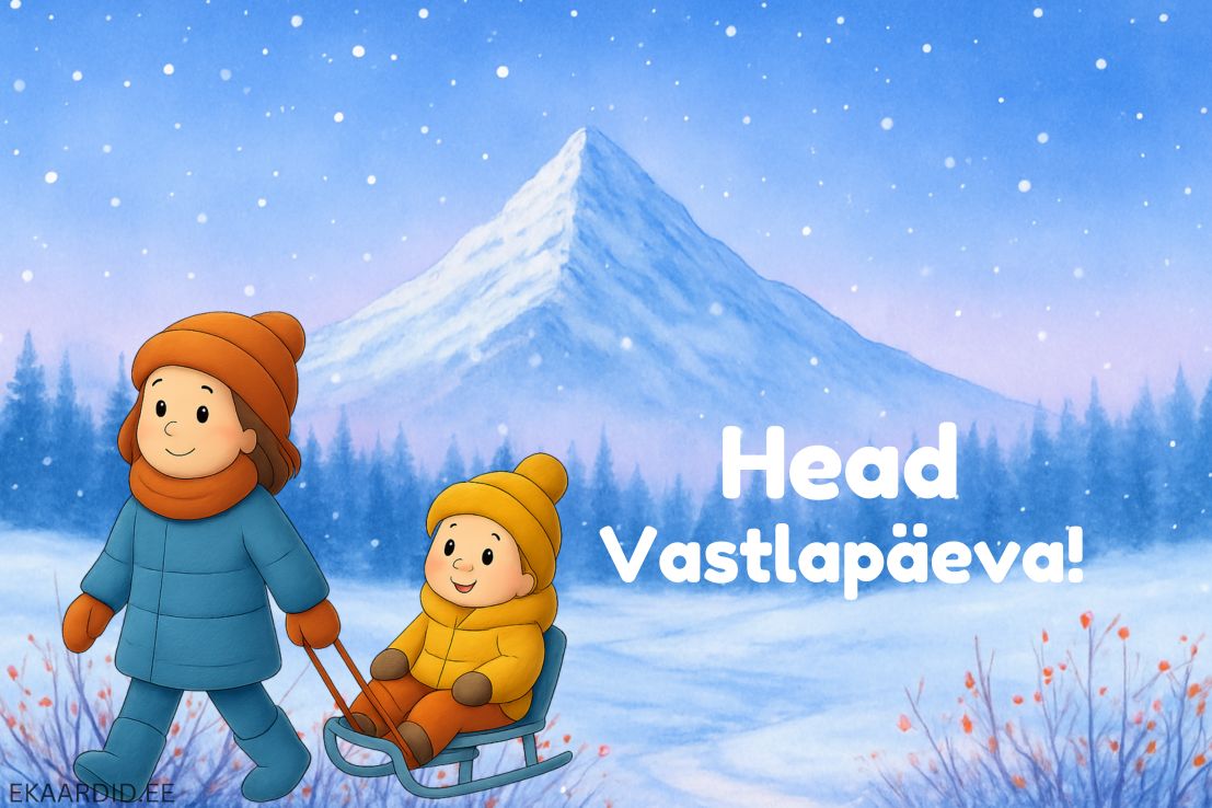 Lõbus vastlapäevakaart kelgutavate lastega