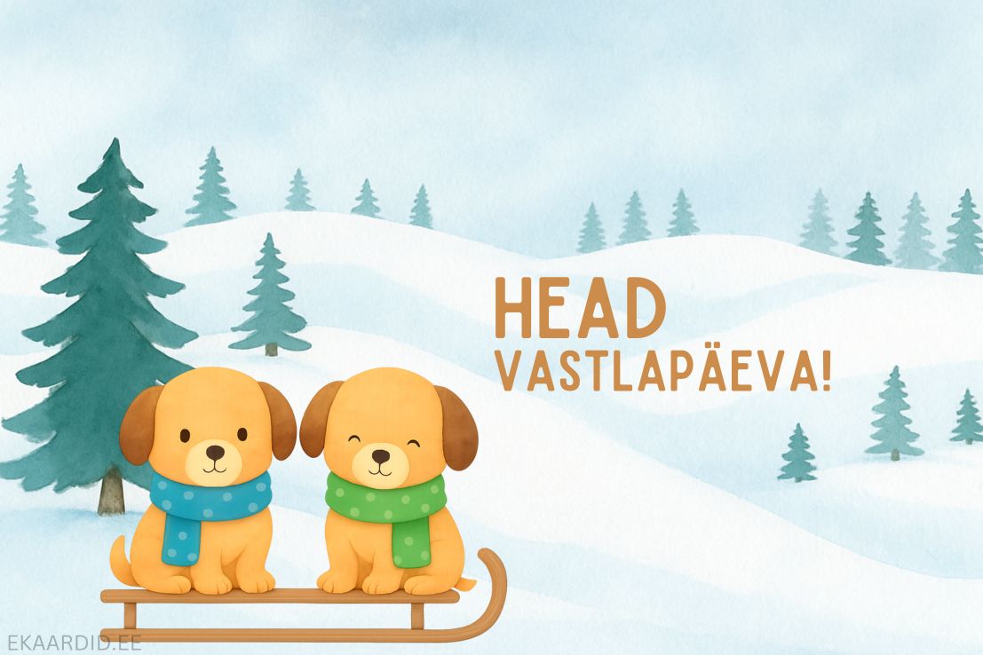 Vastlapäevakaart kelgul istuvate koertega