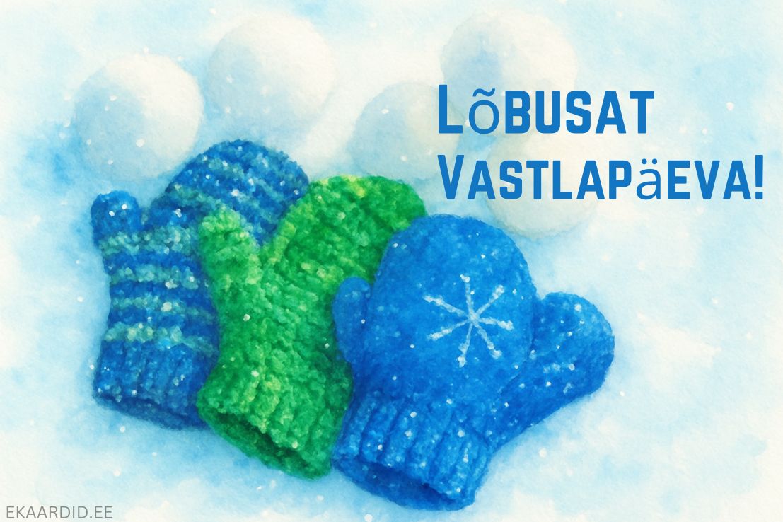 Vastlapäevakaart lumepallide ja kinnastega